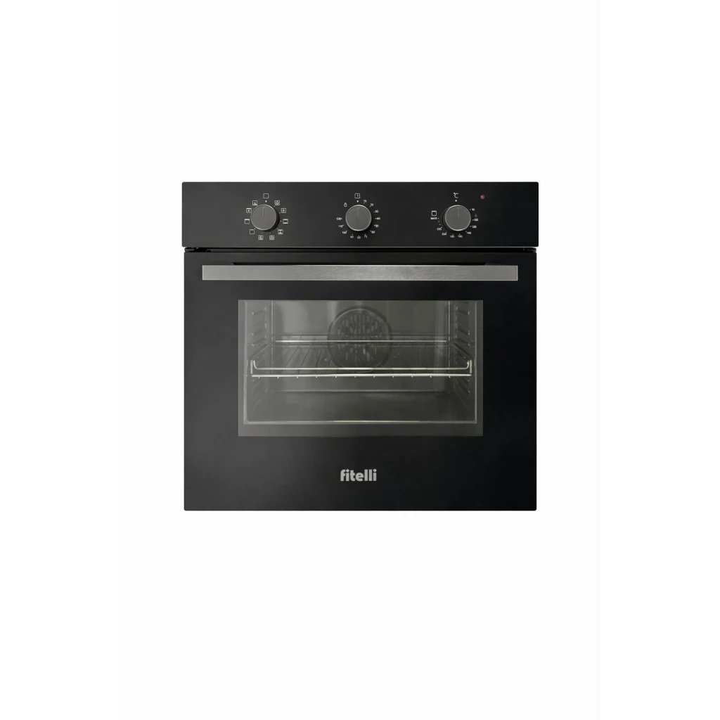 32e70d49-d4c0-4610-a2c9-52aa2b3da439-1024x1024 Fitelli IO56RVS1 Inbouwoven 60cm hoog – 10 Ovenfuncties – Hetelucht – Zwart Glas - Afbeelding 1