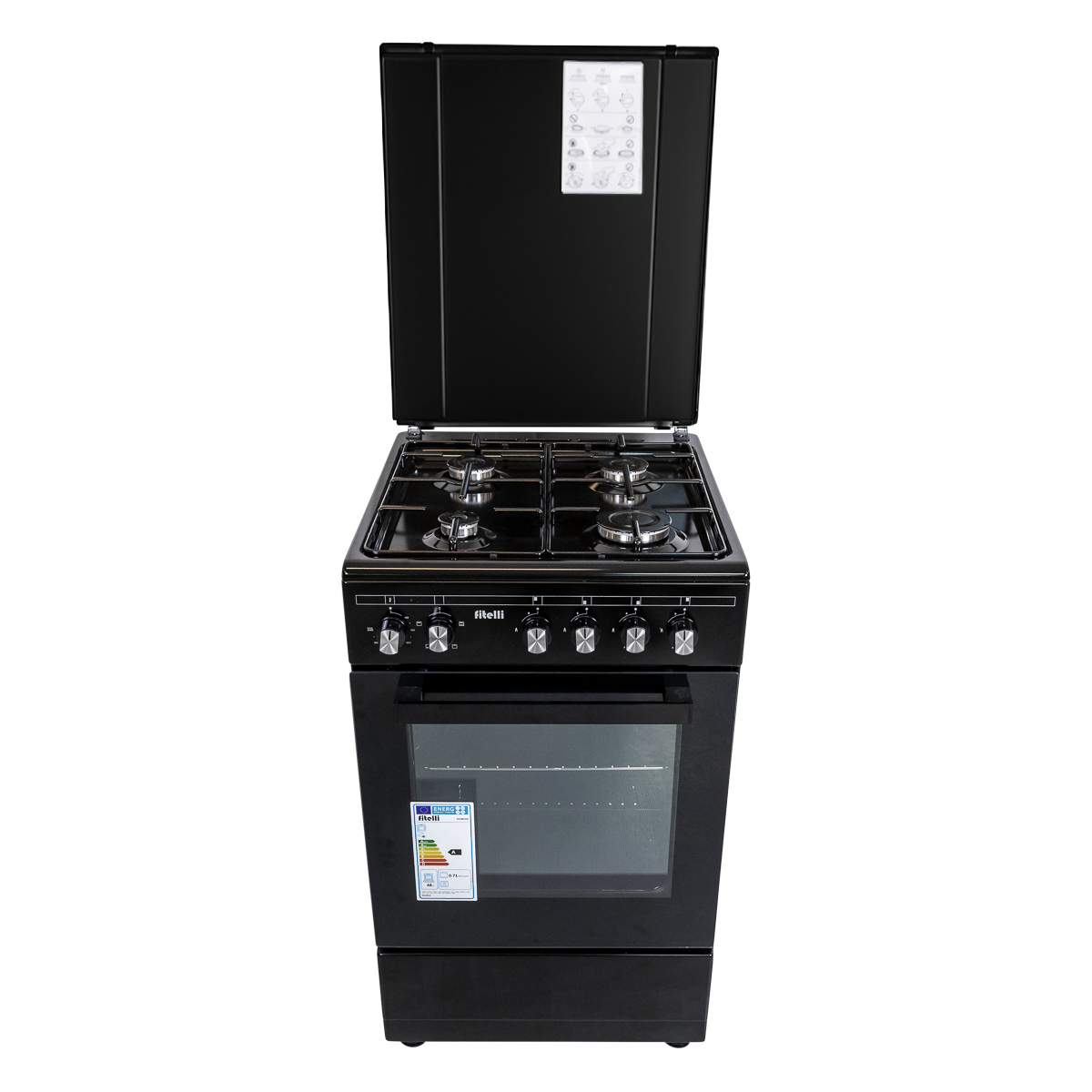 4N5A3548-Edit.png Fitelli FG5001ZW Fornuis - Gas - breedte 50 cm - Zwarte kleur - Afbeelding 1