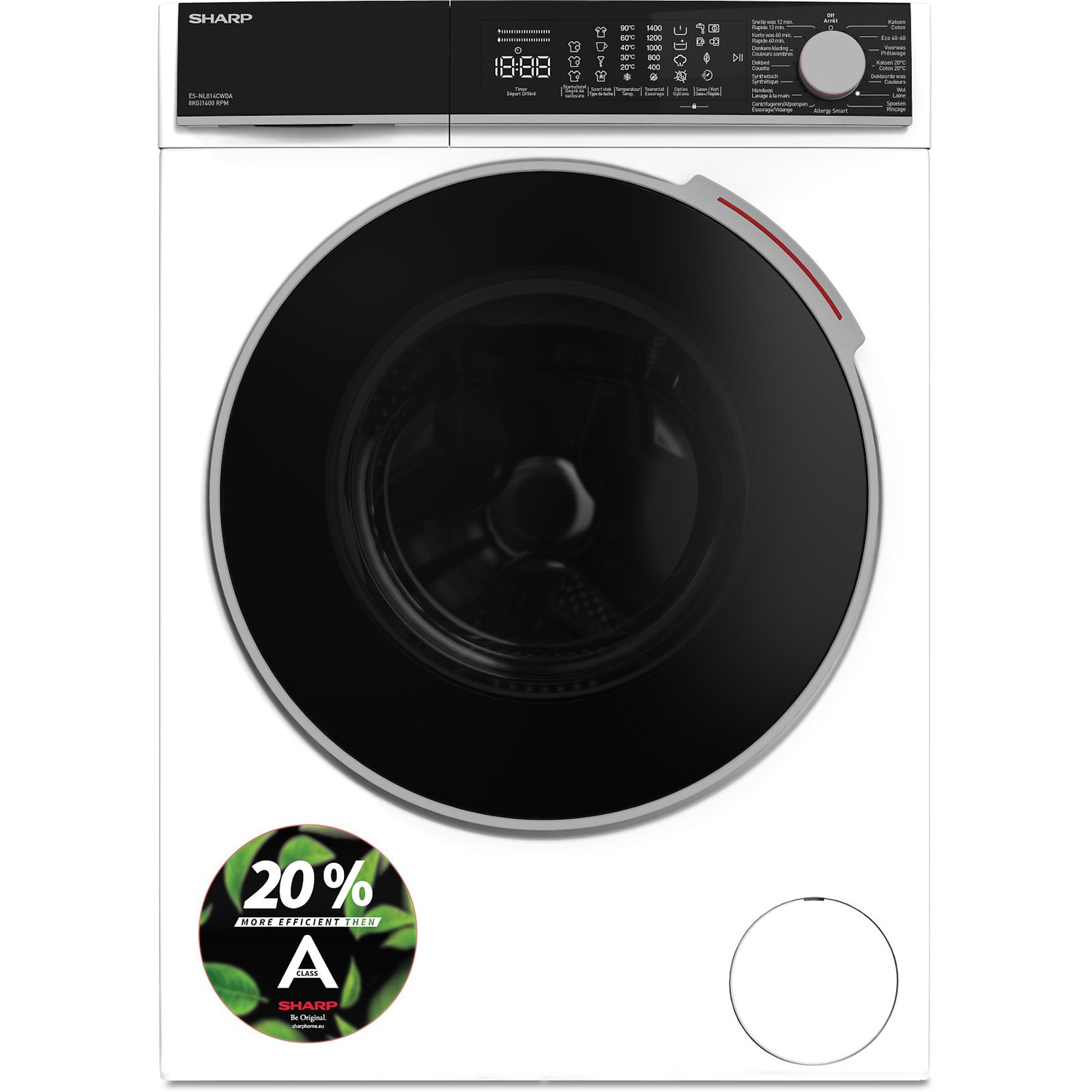 ASSET_MMS_136290427.jpeg SHARP Wasmachine voorlader A -20% (ESNL814CWDABE) 8kg 1400 toeren - Afbeelding 1