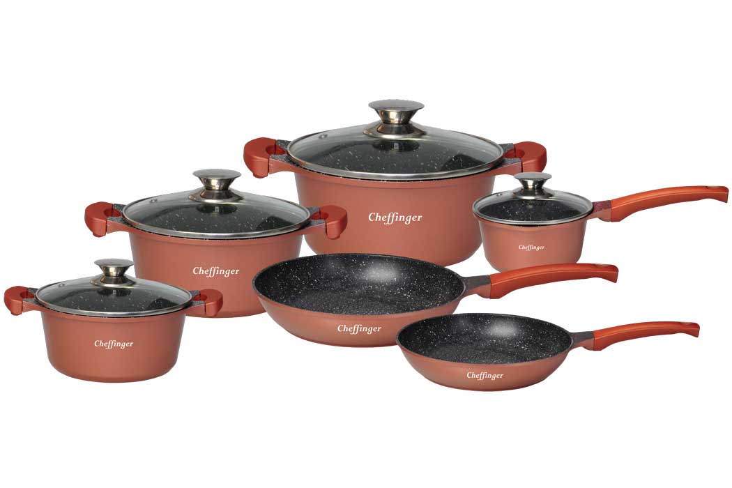 DA1010-cop.jpg Cheffinger | Luxe Pannenset 10 Delig | CF-DA1010 ROSEGOLD Inclusief deksels | Alle Warmtebronnen - Afbeelding 1