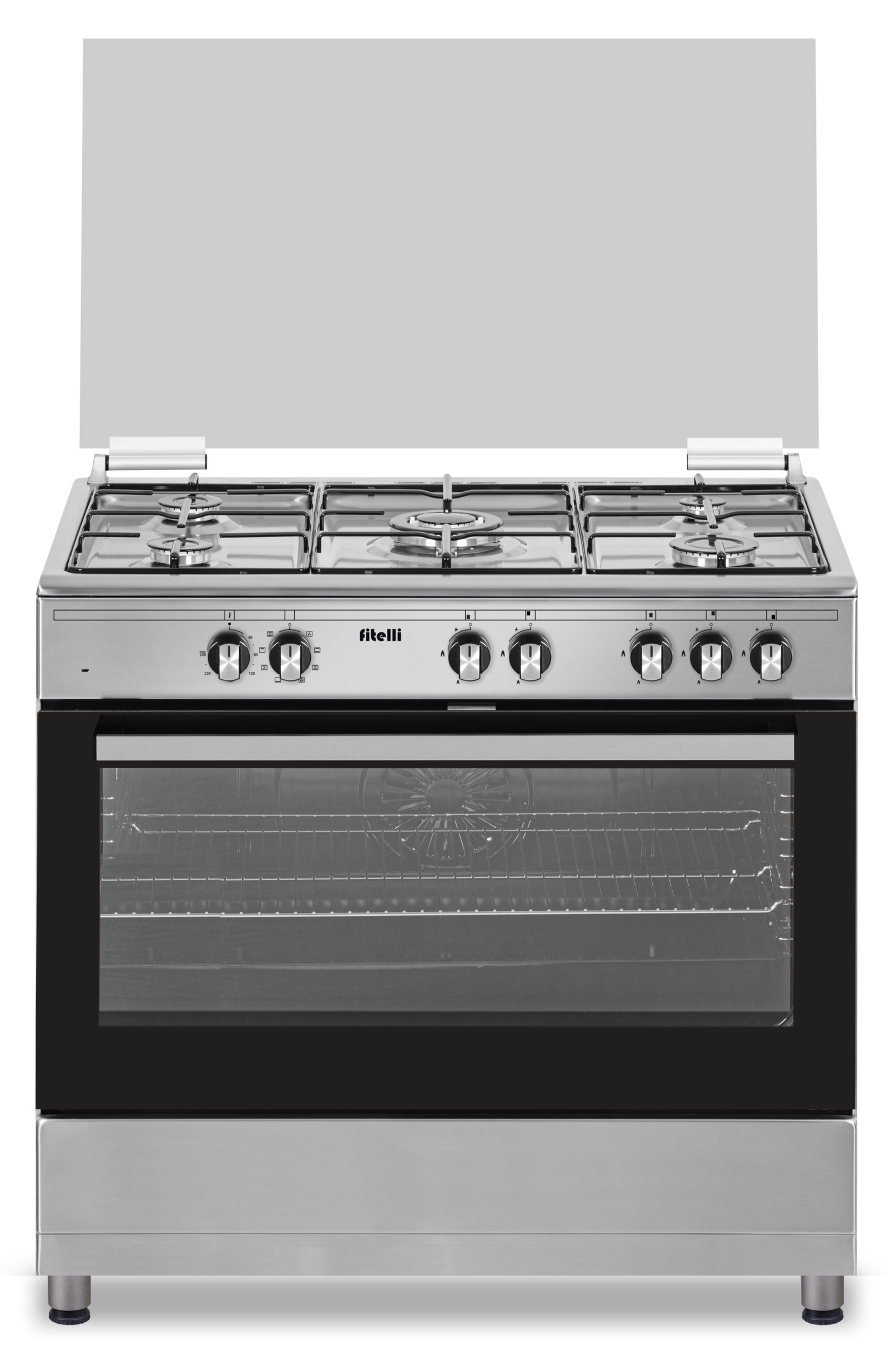 FG9001RVS.png Fitelli FG9001RVS RVS gasfornuis 90cm Met Hetelucht oven - Afbeelding 1