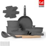 C&E Complete Pannenset met Afneembare Handgrepen, Deksels en Keukengerei Grijs