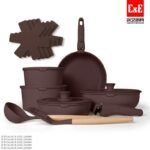 C&E Complete Pannenset met Afneembare Handgrepen, Deksels en Keukengerei Bruin