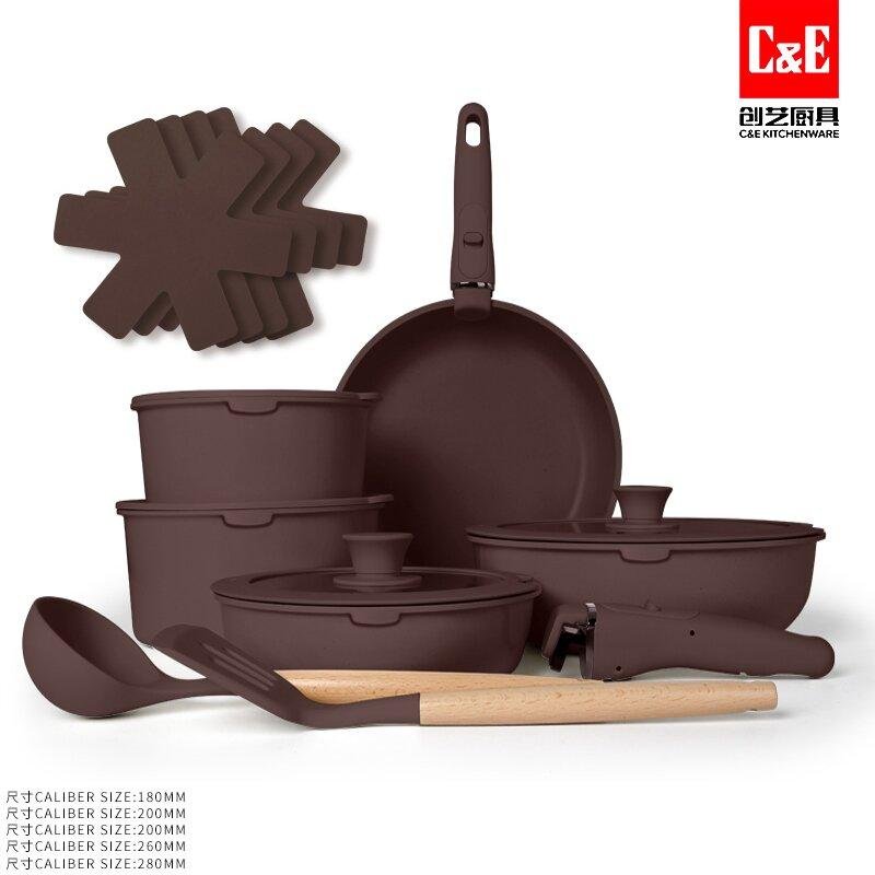 WhatsApp Image 2026-08-22 at 13.30.42 C&E Complete Pannenset met Afneembare Handgrepen, Deksels en Keukengerei Bruin - Afbeelding 1
